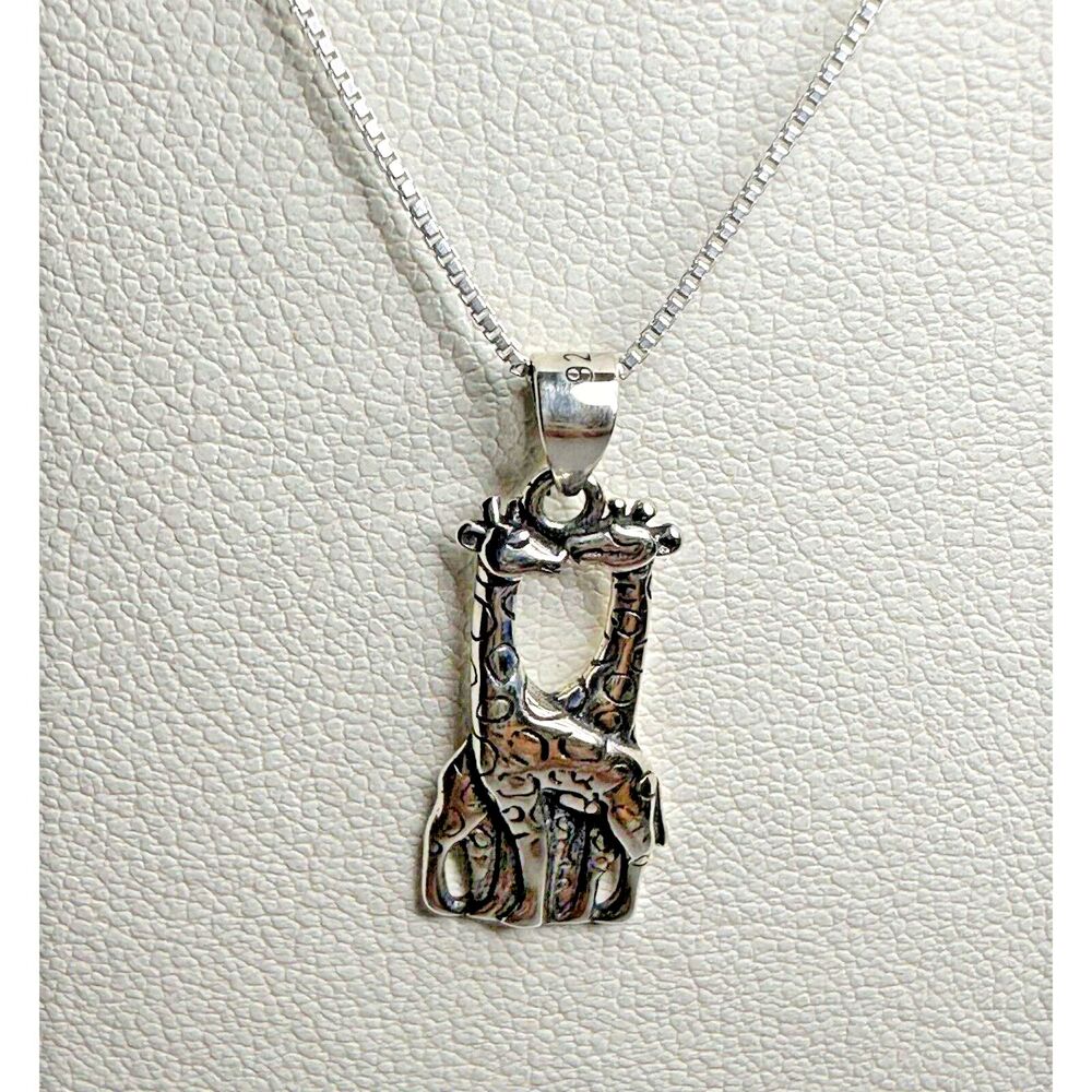 925 Silver Kissing Giraffes Pendant Necklace 14" Box Chain Gift Ready